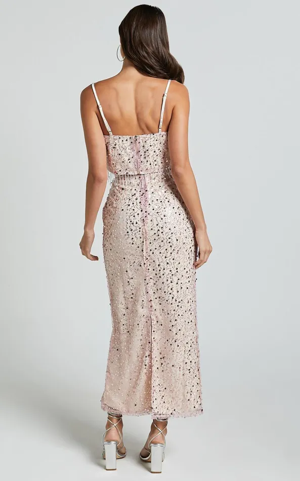 Showpo Anna Two Piece Set 8211 Tassel Crop Top And Midi Skirt Sequin Set In Pale Pink Women Two Piece Sets and Coords