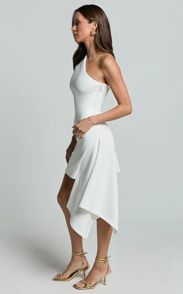 Showpo Annalie Mini Dress 8211 One Shoulder Asymmetric Drape Dress In White Women Dresses