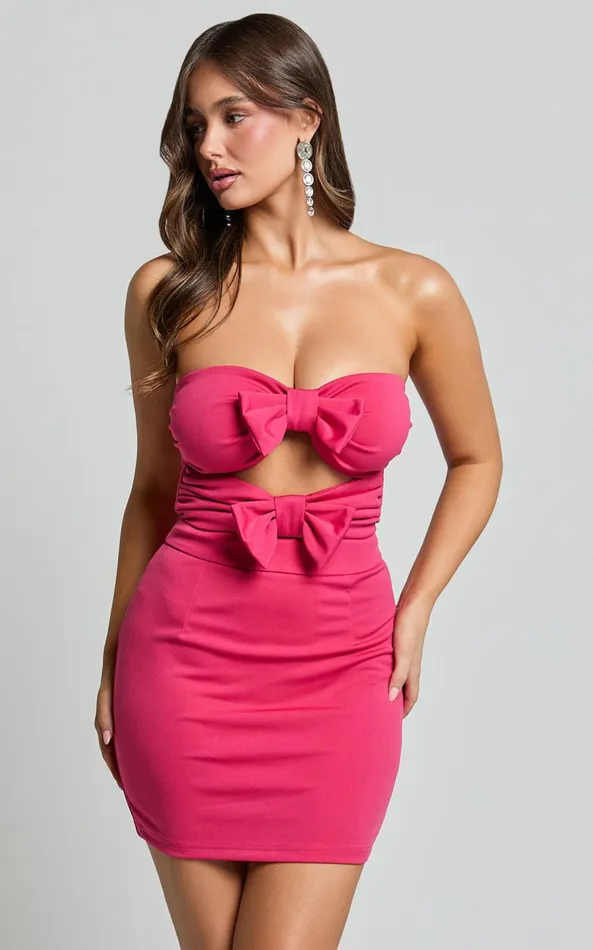 Showpo Annette Mini Dress 8211 Strapless Cut Out Ribbon Detail Dress In Fuschia Women Dresses