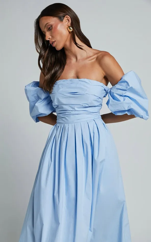 Showpo Annie Midi Dress 8211 Off The Shoulder Ruffle Sleeve Pleated Dress In Pale Blue Women Dresses