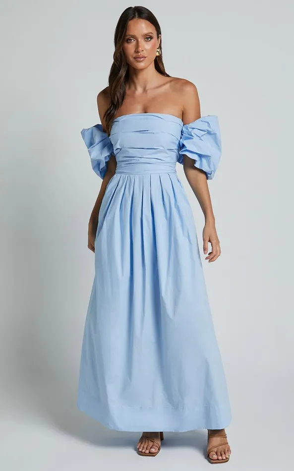 Showpo Annie Midi Dress 8211 Off The Shoulder Ruffle Sleeve Pleated Dress In Pale Blue Women Dresses