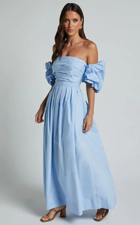 Showpo Annie Midi Dress 8211 Off The Shoulder Ruffle Sleeve Pleated Dress In Pale Blue Women Dresses