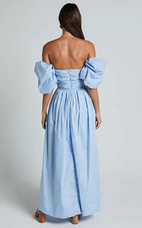 Showpo Annie Midi Dress 8211 Off The Shoulder Ruffle Sleeve Pleated Dress In Pale Blue Women Dresses