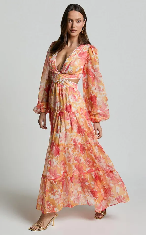 Showpo Anthea Midi Dress 8211 V Neck Cut Out Tiered Dress In Yellow Print Women Dresses
