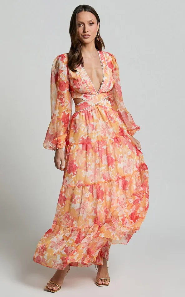 Showpo Anthea Midi Dress 8211 V Neck Cut Out Tiered Dress In Yellow Print Women Dresses