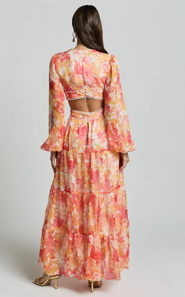 Showpo Anthea Midi Dress 8211 V Neck Cut Out Tiered Dress In Yellow Print Women Dresses