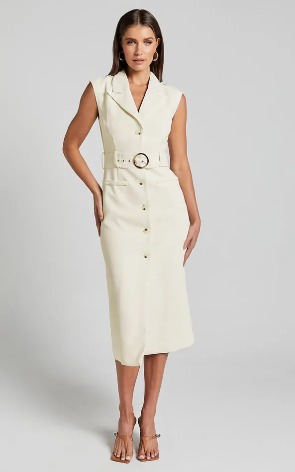 Showpo Anthurium Midi Dress 8211 Sleeveless Belted Blazer Dress In Cream Women Dresses Showpo Anthurium Midi Dress 8211 Sleeveless Belted Blazer Dress In Cream Women Dresses