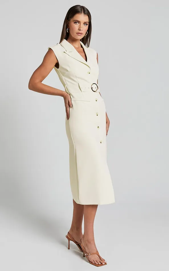 Showpo Anthurium Midi Dress 8211 Sleeveless Belted Blazer Dress In Cream Women Dresses