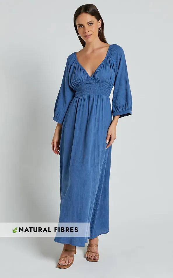 Showpo Anya Midi Dress 8211 V Neck Long Sleeve Dress In Blue Women Dresses