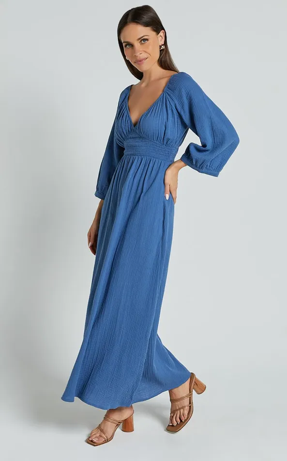 Showpo Anya Midi Dress 8211 V Neck Long Sleeve Dress In Blue Women Dresses