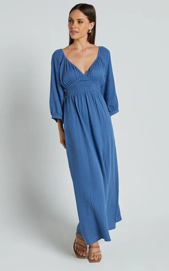 Showpo Anya Midi Dress 8211 V Neck Long Sleeve Dress In Blue Women Dresses