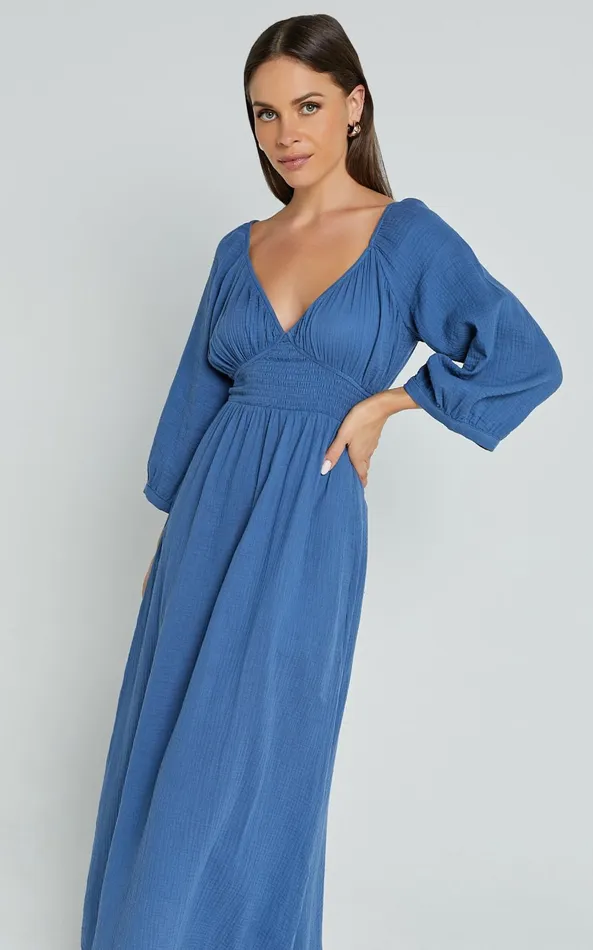 Showpo Anya Midi Dress 8211 V Neck Long Sleeve Dress In Blue Women Dresses