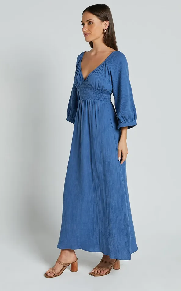Showpo Anya Midi Dress 8211 V Neck Long Sleeve Dress In Blue Women Dresses
