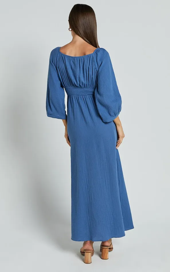 Showpo Anya Midi Dress 8211 V Neck Long Sleeve Dress In Blue Women Dresses