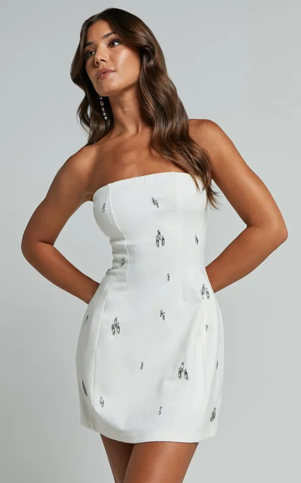 Showpo Anziel Mini Dress 8211 Strapless Structured Cluster Embellishment Dress In White Women Dresses