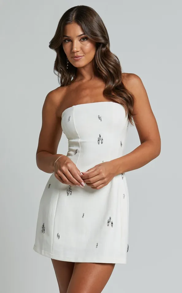 Showpo Anziel Mini Dress 8211 Strapless Structured Cluster Embellishment Dress In White Women Dresses