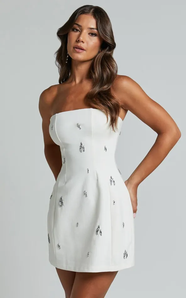 Showpo Anziel Mini Dress 8211 Strapless Structured Cluster Embellishment Dress In White Women Dresses