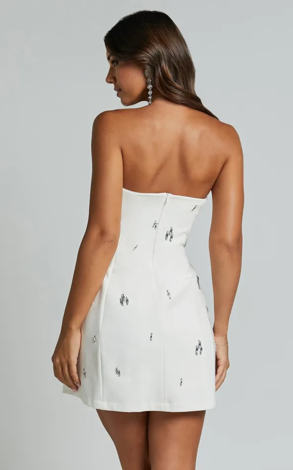 Showpo Anziel Mini Dress 8211 Strapless Structured Cluster Embellishment Dress In White Women Dresses