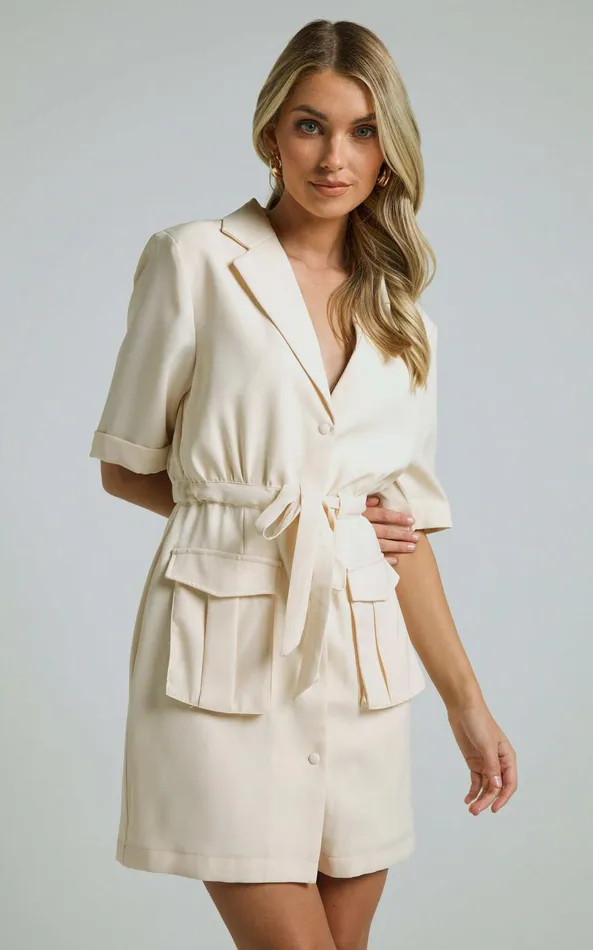 Showpo Aphra Wrap Mini Dress 8211 Short Sleeve V Neck Tie Waist Mini Dress In Cream Women Dresses