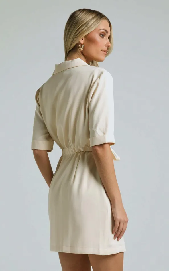 Showpo Aphra Wrap Mini Dress 8211 Short Sleeve V Neck Tie Waist Mini Dress In Cream Women Dresses