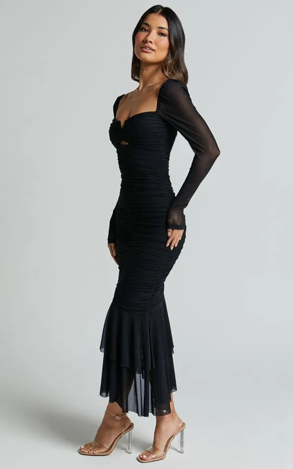 Showpo Arabella Midi Dress 8211 Bust Detail Ruched Mesh Midi With Cut Out Detail In Black Women Dresses