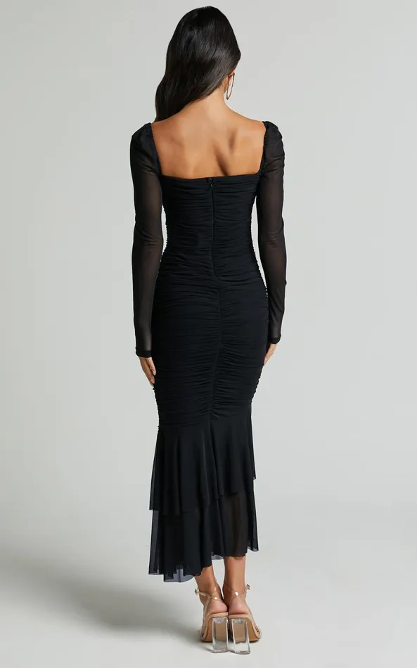 Showpo Arabella Midi Dress 8211 Bust Detail Ruched Mesh Midi With Cut Out Detail In Black Women Dresses