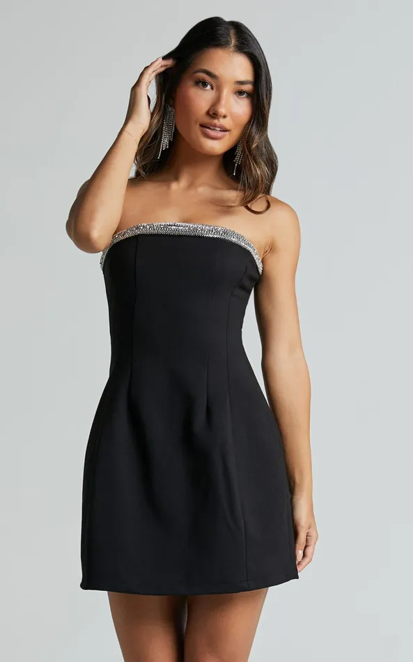 Showpo Arabella Mini Dress 8211 Strapless Diamante Trim Structured Dress In Black Women Dresses