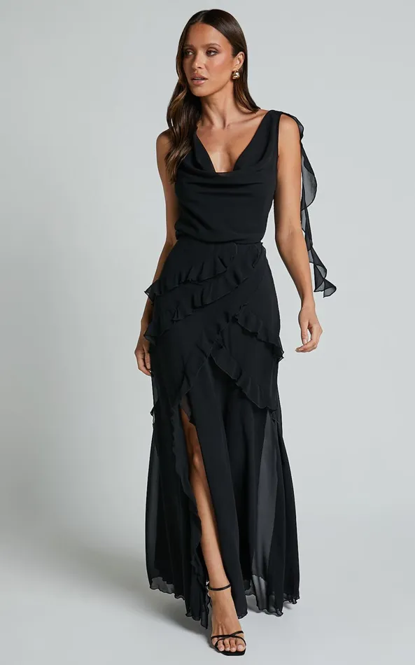Showpo Arbor Top 8211 Cowl Neck Ruffle Satin Top In Black Women Tops