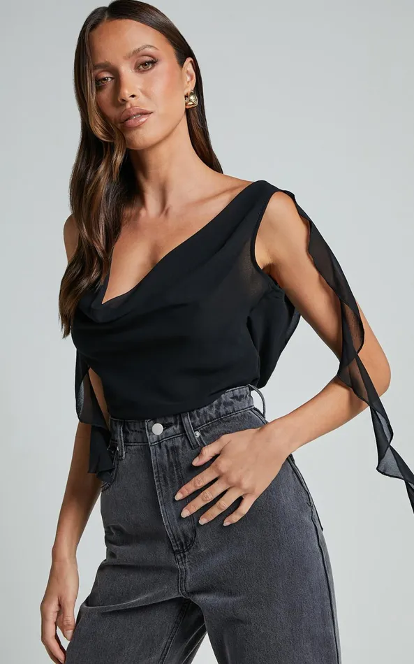 Showpo Arbor Top 8211 Cowl Neck Ruffle Satin Top In Black Women Tops