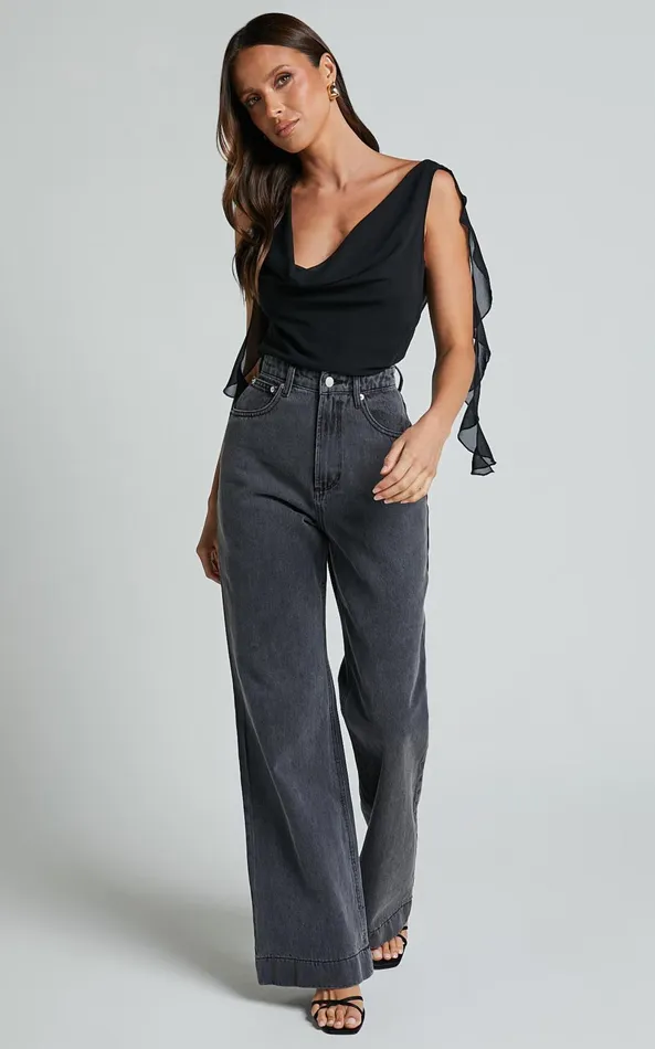 Showpo Arbor Top 8211 Cowl Neck Ruffle Satin Top In Black Women Tops