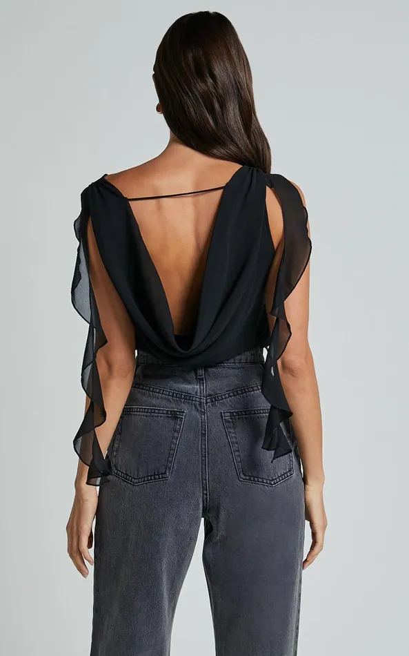 Showpo Arbor Top 8211 Cowl Neck Ruffle Satin Top In Black Women Tops