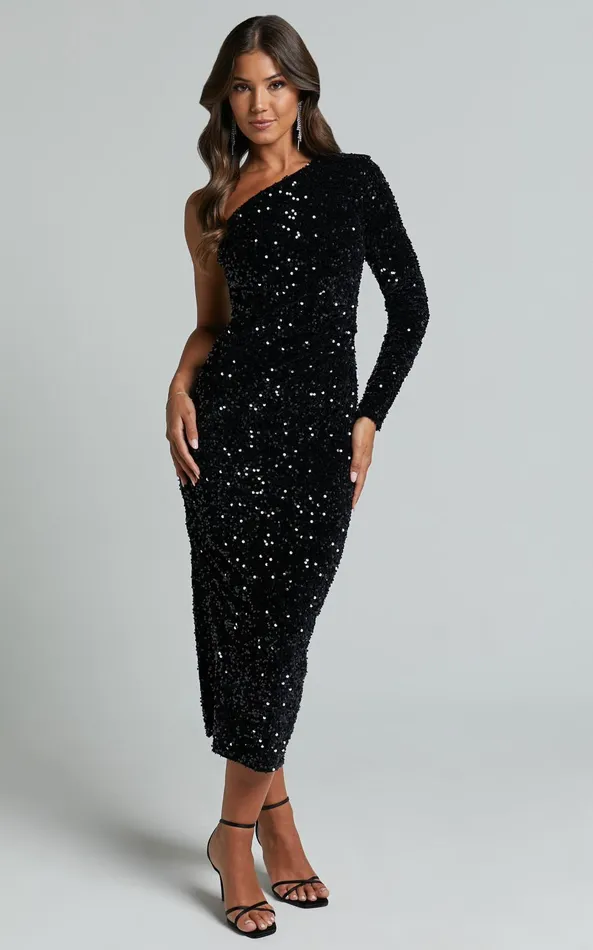 Showpo Aretha Midi Dress 8211 One Shoulder Sequin Dress In Black Women Dresses
