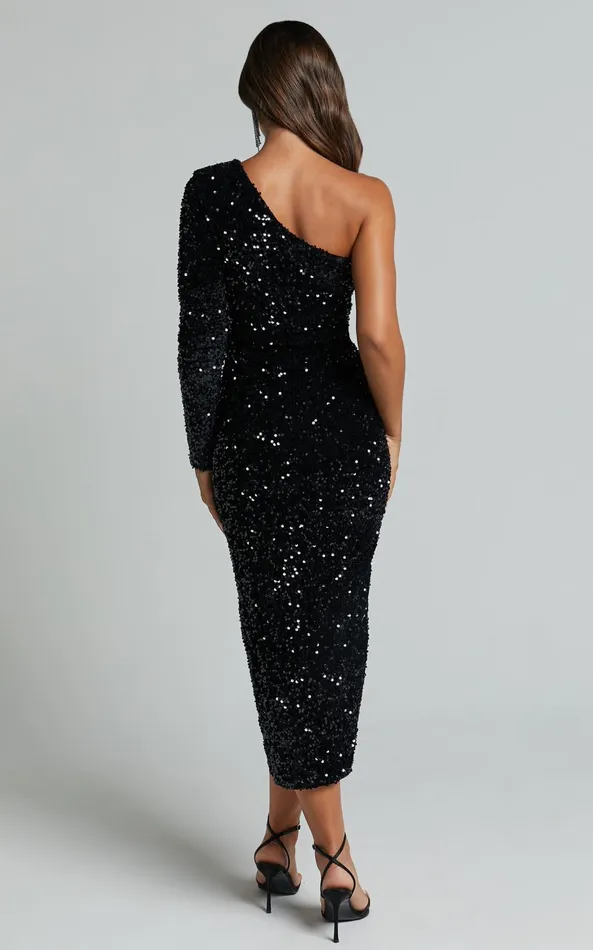 Showpo Aretha Midi Dress 8211 One Shoulder Sequin Dress In Black Women Dresses