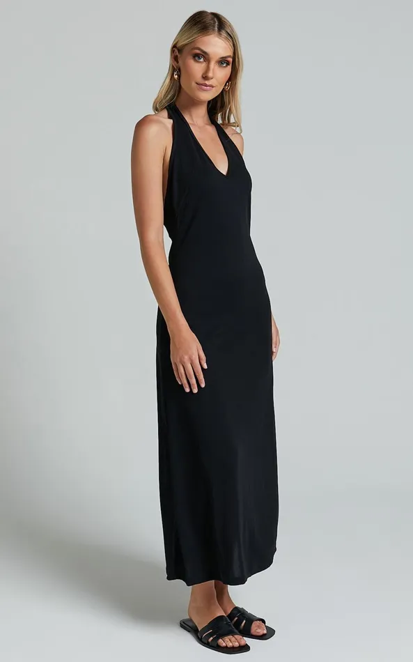Showpo Arevik Maxi Dress 8211 Halter Neck Backless In Black Women Basics