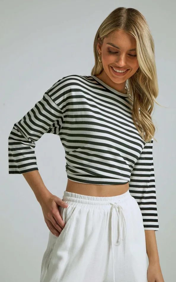 Showpo Ari Top 8211 Crew Neck 34 Sleeve Tshirt In Black And White Stripe Women Curve Clothes