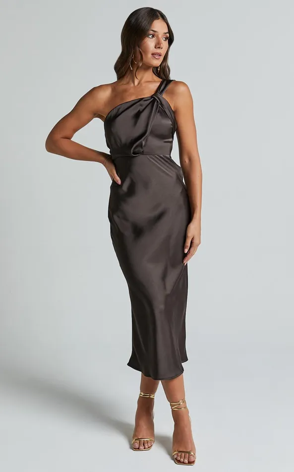 Showpo Aria Midi Dress 8211 One Shoulder Twist Detail Satin Bias Cut Dress In Espresso Women Dresses Showpo Aria Midi Dress 8211 One Shoulder Twist Detail Satin Bias Cut Dress In Espresso Women Dresses