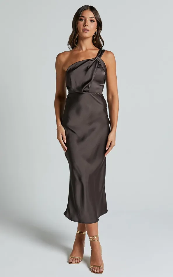 Showpo Aria Midi Dress 8211 One Shoulder Twist Detail Satin Bias Cut Dress In Espresso Women Dresses