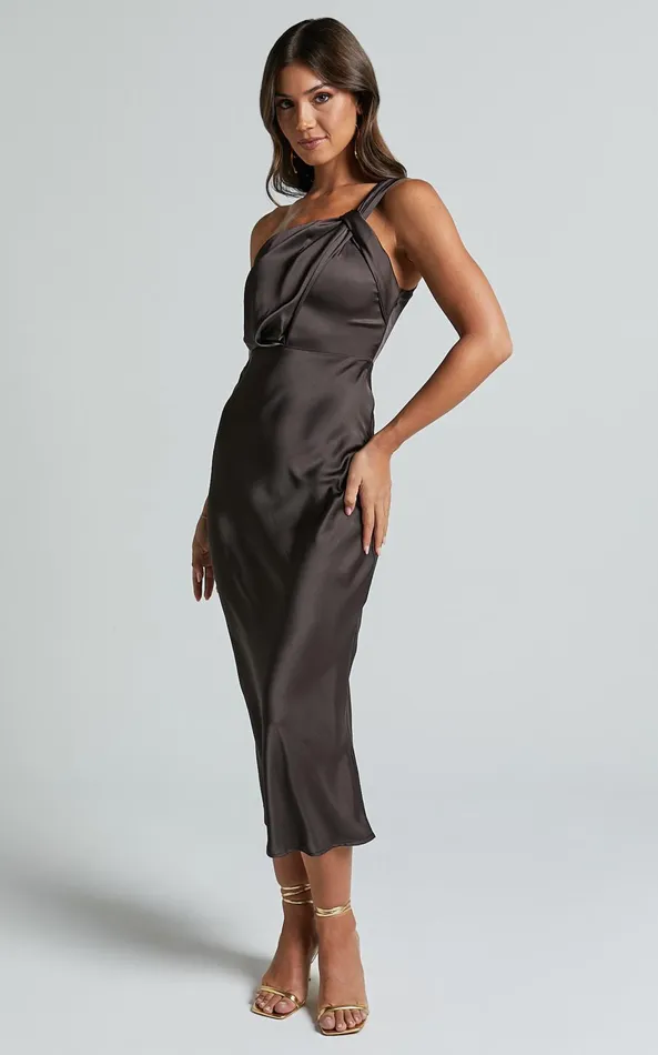 Showpo Aria Midi Dress 8211 One Shoulder Twist Detail Satin Bias Cut Dress In Espresso Women Dresses