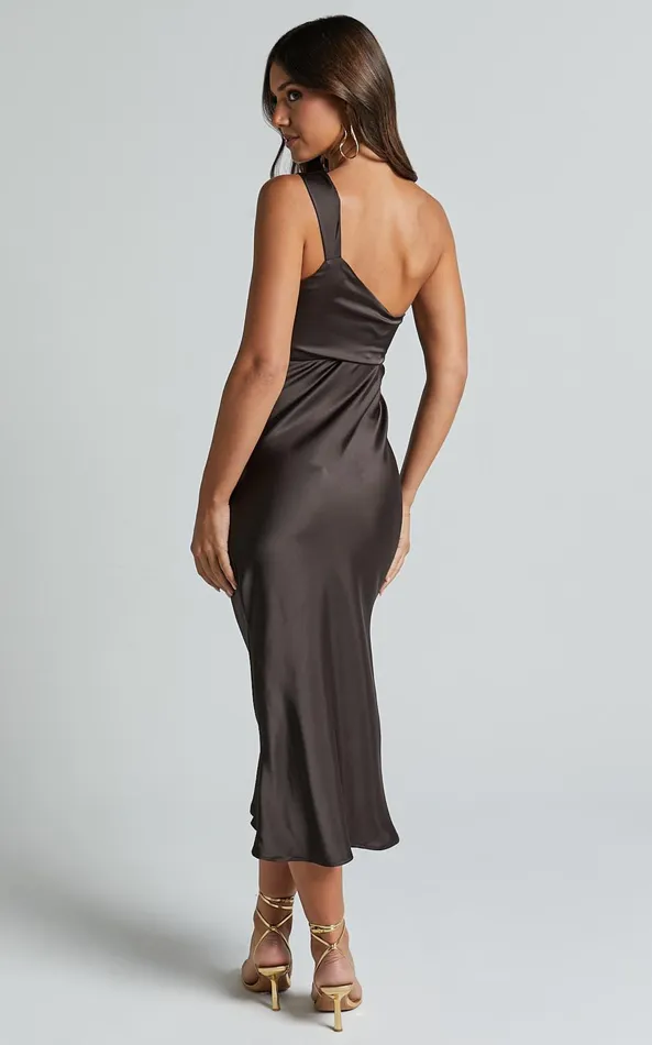 Showpo Aria Midi Dress 8211 One Shoulder Twist Detail Satin Bias Cut Dress In Espresso Women Dresses