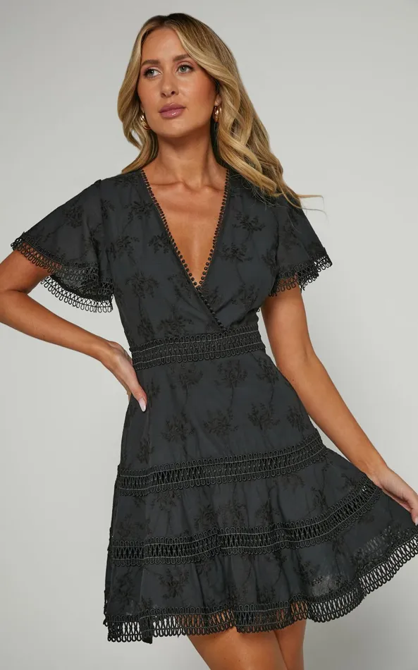 Showpo Ariana Mini Dress 8211 V Neck Flutter Sleeve A Line In Black Women Dresses Showpo Ariana Mini Dress 8211 V Neck Flutter Sleeve A Line In Black Women Dresses