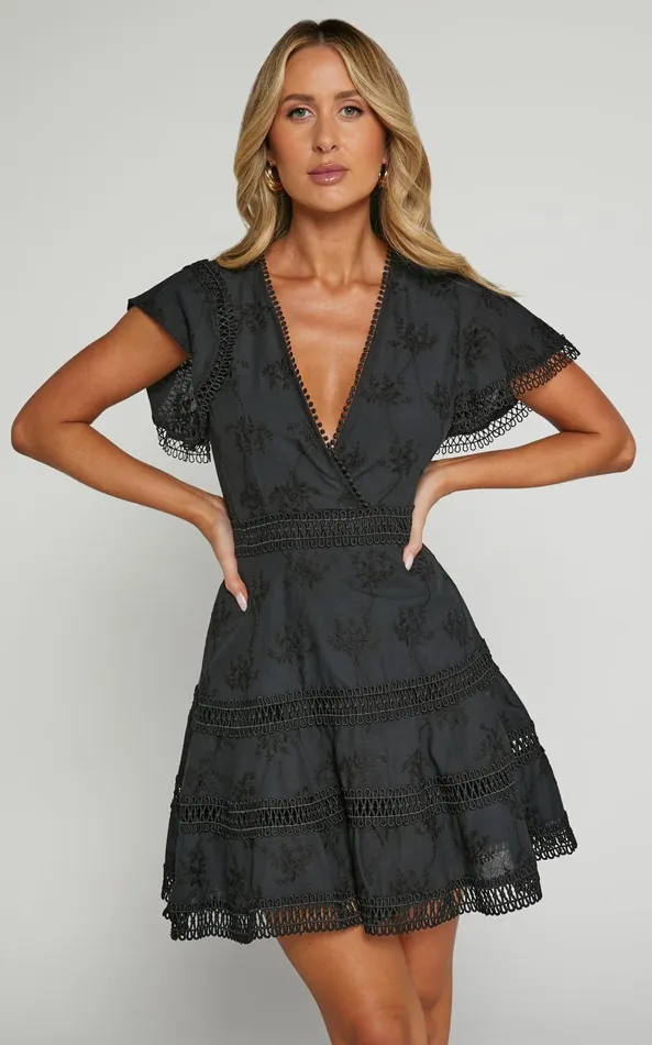Showpo Ariana Mini Dress 8211 V Neck Flutter Sleeve A Line In Black Women Dresses