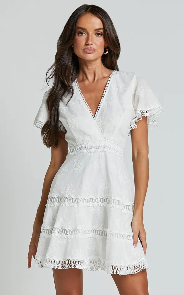 Showpo Ariana Mini Dress 8211 V Neck Flutter Sleeve A Line In White Women Curve Clothes
