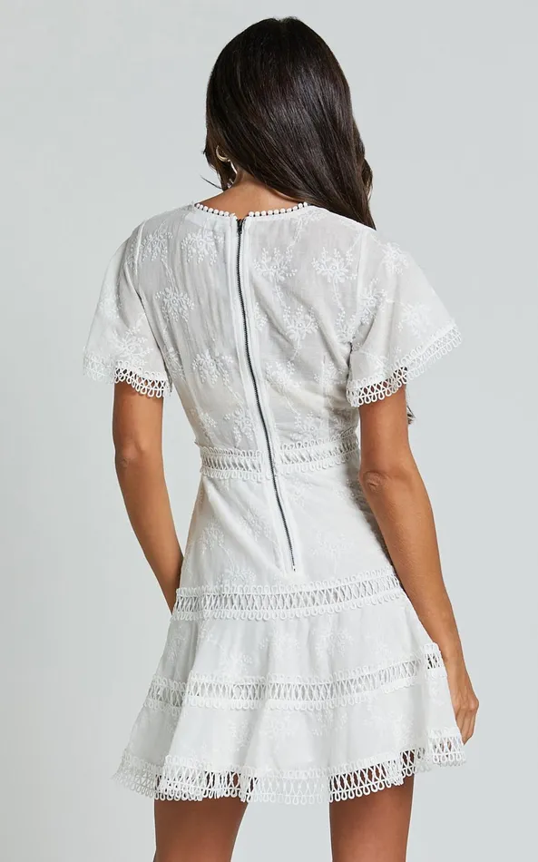 Showpo Ariana Mini Dress 8211 V Neck Flutter Sleeve A Line In White Women Curve Clothes