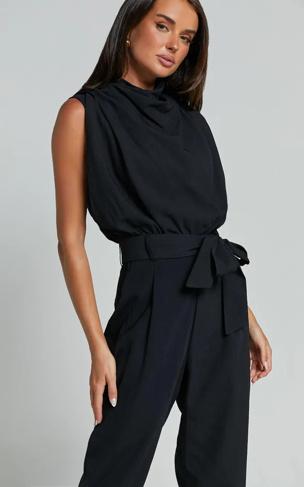 Showpo Arianae Jumpsuit 8211 High Neck Tie Waist Jumpsuit In Black Women Jumpsuits