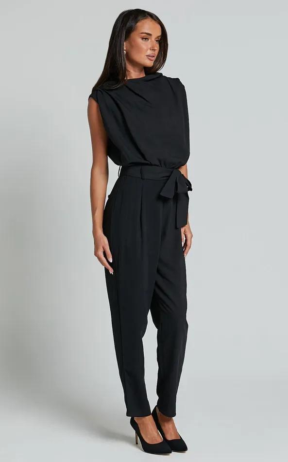 Showpo Arianae Jumpsuit 8211 High Neck Tie Waist Jumpsuit In Black Women Jumpsuits