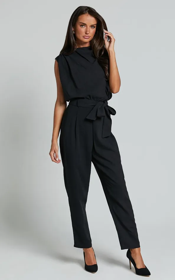 Showpo Arianae Jumpsuit 8211 High Neck Tie Waist Jumpsuit In Black Women Jumpsuits