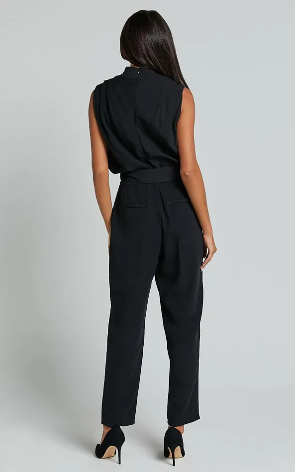 Showpo Arianae Jumpsuit 8211 High Neck Tie Waist Jumpsuit In Black Women Jumpsuits