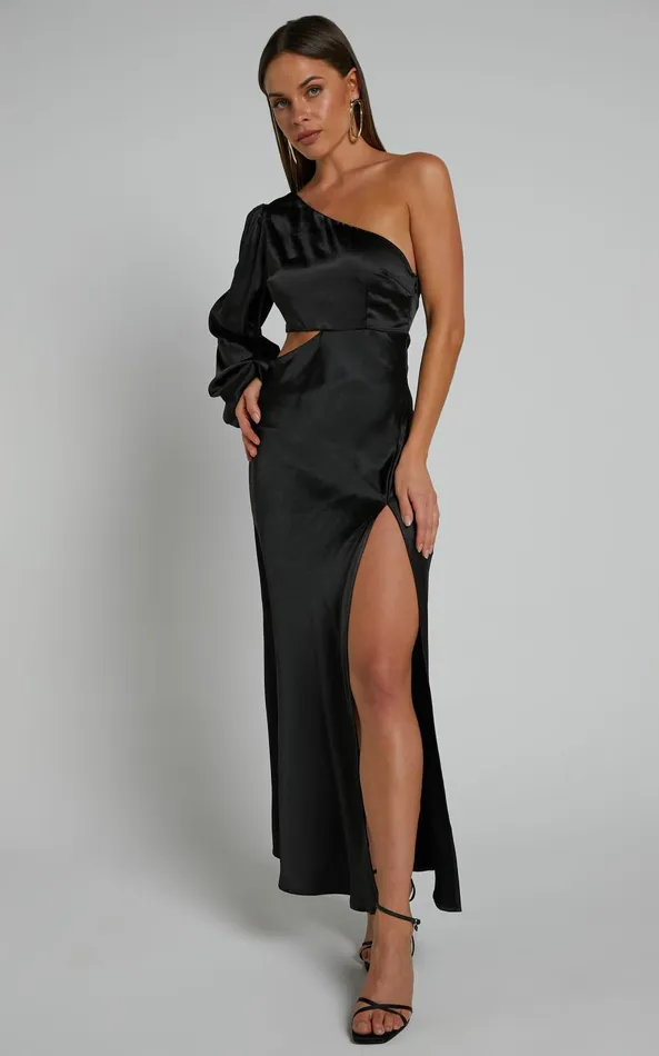 Showpo Arichie Midi Dress 8211 Cut Out One Shoulder Balloon Sleeve Dress In Black Women Dresses