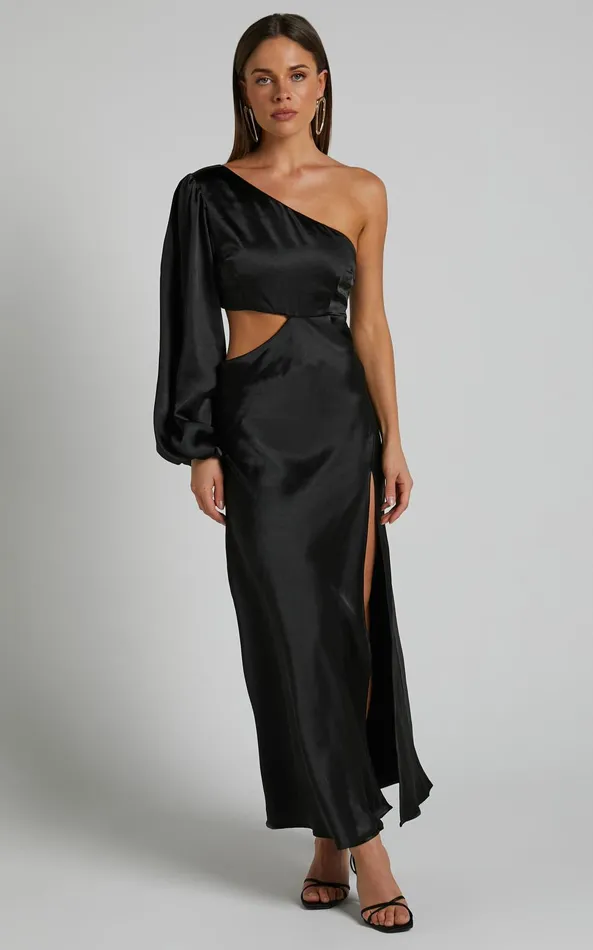 Showpo Arichie Midi Dress 8211 Cut Out One Shoulder Balloon Sleeve Dress In Black Women Dresses