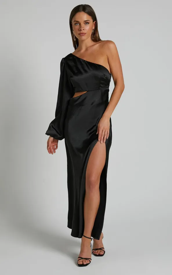 Showpo Arichie Midi Dress 8211 Cut Out One Shoulder Balloon Sleeve Dress In Black Women Dresses